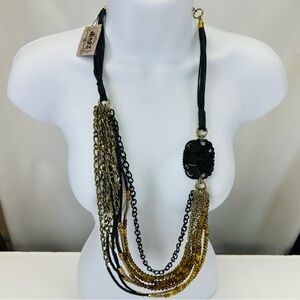 Treska NEW Mandarin necklace gold black multi chain carved resin Chunky 36in